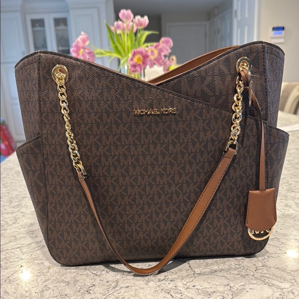 Michael Kors Brown and Gold Trapezoidal Shoulder Bag
